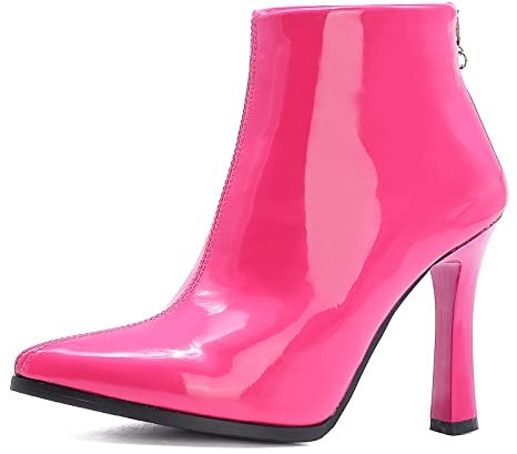 Bviennic Höhe Ferse Damen Winter Pointed Toe Stiefeletten Reißverschluss Party Kleid Mode Lack Chelsea Elegant Bride Hochzeit Warm Schuhe Rose-Rot Gr 44 EU-46Cn