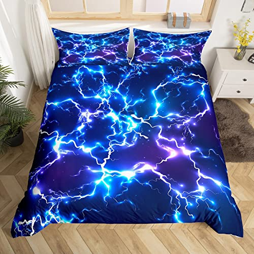 Game Flash Bettbezug Queen, Neonblau Lightning Strike Bettwäsche-Set 3-teilig für Kinder, Jungen, Teenager, Spielzimmerdekoration, modernes Gaming, cooler Bettbezug mit 2 Kissenbezügen