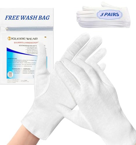 Migliore Wear 5 Pairs White Cotton Gloves for Eczema, Hand Moisturising Gloves for Dry Hands, Hand Care, Jewelry Inspection, Eczema Gloves for Adults with 1 Free Wash Bag