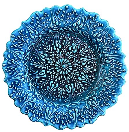 LEMOSE Turkish Handmade Decorative Plate for Display, Blue Ceramic Ornament for Home-Office, Floral Pattern Hand Painted Wall Hanging Decor, Embossed Commemorative Plates with Stand