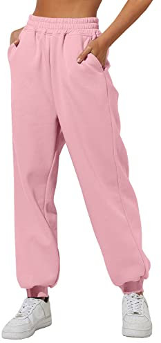 Yovela Pantalon de survêtement ample taille haute pour femme, vêtements d'automne décontractés, pantalon de jogging Y2K, esthétique, chaud avec poches, rose clair, Taille S