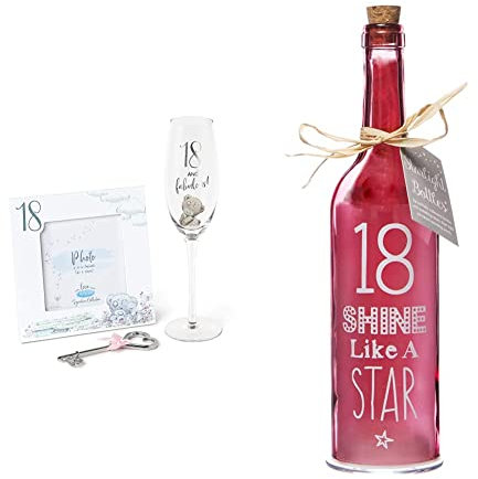 Me To You Tatty Teddy 18th Birthday Gift Set with Champagne Flute & Boxer Gifts SB1218 Light-Up LED '18' Birthday Glass Starlight Bottle | Beautiful, Decorative Homeware Comes with Gift Tag