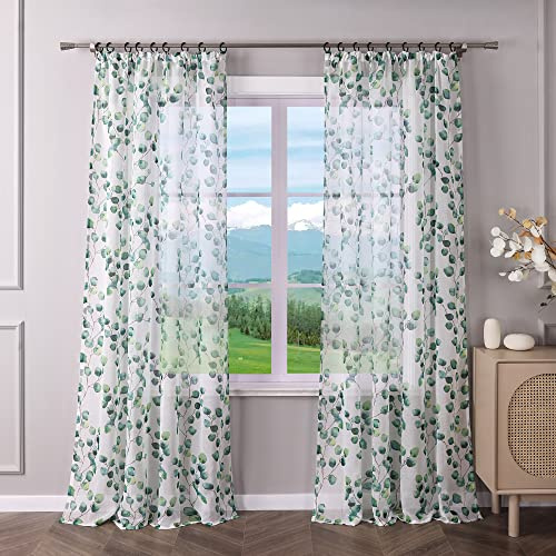 Delien 1 St. Gardinen Wohnzimmer Transparente Gardinenschals Modern Vorhang mit Blattmuster »Blätter« Dekoschals Flächenvorhänge Fenster Gardine mit Kräuselband Grün,BxH 140x145cm