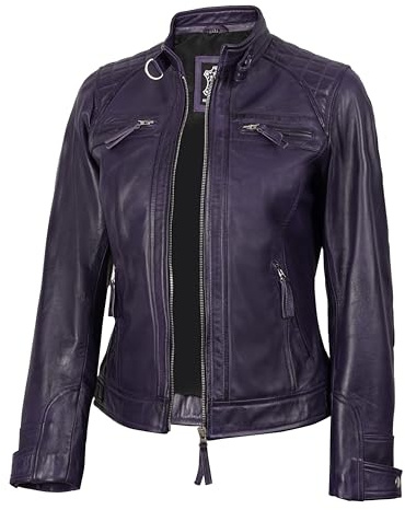 fjackets Leather Jacket Women Moto Style Real Lambskin Leather, Quilted Cafe Racer Classic Zip Up Womens Biker Leather Jacket