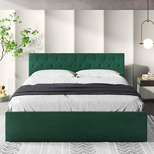 I0I&I0I Polsterbett Doppelbett | Ottomane Bett Doppelbett | Grün Samt Bettgestell mit Stauraum | 1,4 m Doppelbettgestell, ohne Matratze (grün)