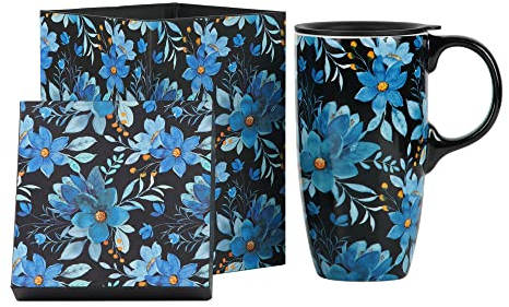 Topadorn Ceramic Travel Cup Porcelain Coffee Mug, 17oz Large Capacity Mug Home Office Gift, Microwave & Dishwasher Safe Coffee Tumbler, Blue Flower