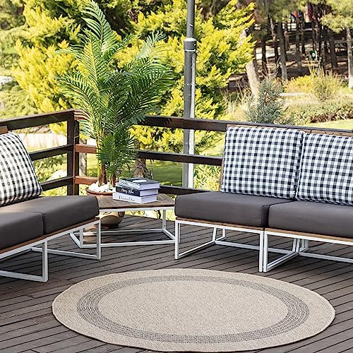 Livabliss Runder Outdoor Teppich Sintra - In und Outdoor für Balkon 160 cm, Terrasse, Garten, Küche - Boho Style, für Draußen - Beige, Grau