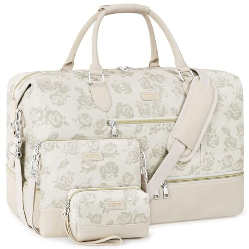 Weekender Bag für Damen, Reisetasche, Handgepäck, Übernachtungstasche, mit Schuhfach, groß, Nylon, Reise-Wochenend-Tragetasche, 4 beigefarbene Blumen, L, Weekender Bag für Damen, Reisetasche,