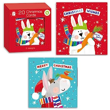Giftmaker Quadratische Mini-Weihnachtskarten, 2 Designs, Hase und Esel, 10 cm, 20 Stück