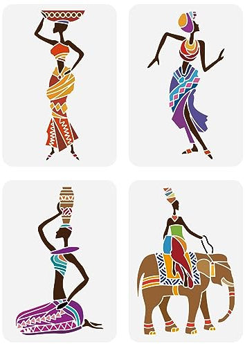 FINGERINSPIRE 4 Stück Afrikanische Stammes Schablonen 21x29.7 cm Afrikanische Stammes Frauen Schablone Kunststoff Indische Elefantentänzerin Mit Topfmuster Schablone DIY Kunst Und Bastelschablonen