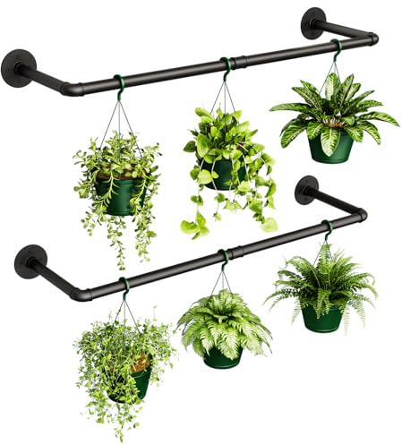 Bamworld - Maceteros colgantes para plantas, 2 unidades, montaje en pared o techo, estantes de plantas de ventana, barra de metal (maceta y planta no incluidas), 92 cm