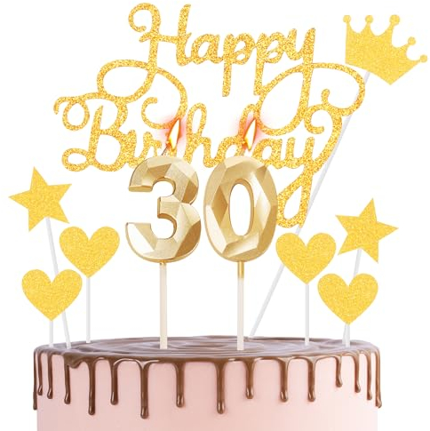 Happy 30th Birthday Cake Topper & Candles - Gold Number 30 for Cake Decorations - Cupcake Topper for Women, Her, Men, Him