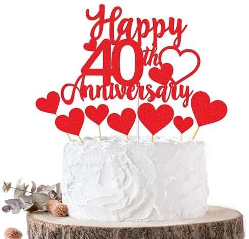 Joyeah Happy 40th Anniversary Cake Topper Decorations Red Glitter Wedding Anniversary Cake Topper Supplies Party Cake Decor