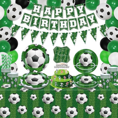 Paquete de 173 suministros de fiesta de fútbol, decoraciones de fiesta de fútbol, decoración de cumpleaños temática de fútbol, platos de fútbol, globos, pancartas, mantel de pelota, vasos,