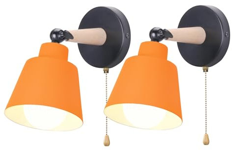 iDEGU 2 Stück Innenwandleuchten mit Schalter, Moderne Wandleuchte Schlafzimmer Einfache Beleuchtung E27 Holz Metall Einstellbare Wandleuchte für Wohnzimmer Flur (matt Orange)