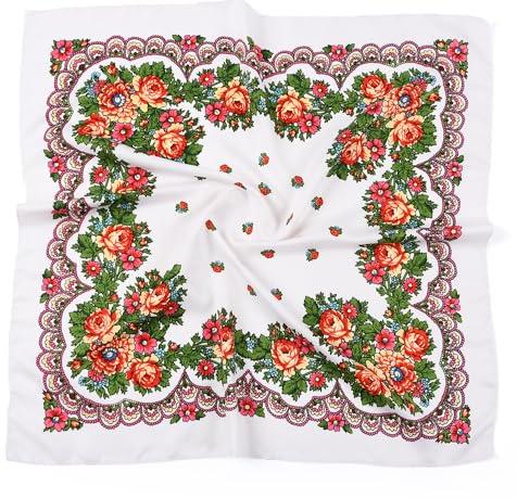 PETOSA Russische quadratische Schals, Kopftücher, ukrainisches Stirnband, muslimischer Hijab, traditionelles Bandana, Schal, Wickeltuch, weiß 2, 70X70 cm