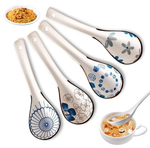 4 Piezas Cucharas Cerámica china, Cucharas Soperas Cuchara de Ramen, Cuchara de Sopa Retro Japonesa Adecuado Para Fideos de Arroz, Wonton, Albóndigas y Bolas de Arroz Glutinoso