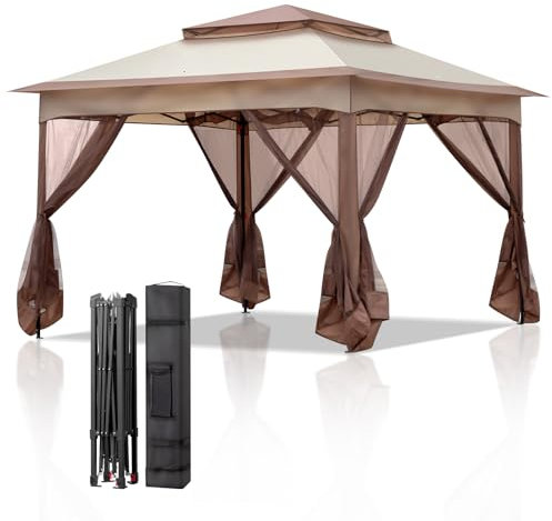 LEADZM 3.3x3.3m Tonnelle de Jardin Pliable,Pop-up,avec 4 Moustiquaire Barnum,Anti-UV 50+,Cadres en Acier,Convient pour la Fête, l'extérieur,Patio,Camping,Kaki