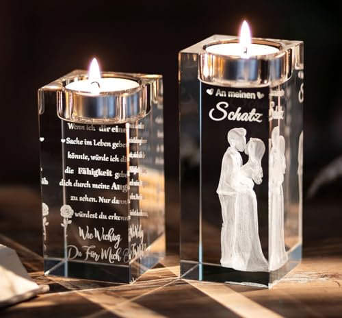 NUPTIO Jahrestag Geschenk 3D Glas Kristall Hochzeit Teelichthalter Kerzenständer Gravur Partner - Männer Sie Frauen Freundin Hochzeitstag Geburtstag Mann Liebe 2er