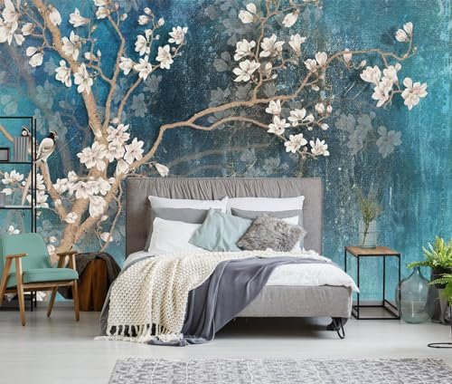 Naturempress Papier Peint Panoramique Oiseau Magnolia Vintage Papier Peint Intissé Tapisserie Poster Mural pour Salon Chambre Décoration Murale