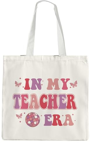 OTOUO In My Teacher Era Canvas-Tragetasche – Ästhetische Discoball-Lehrertasche für Frauen, Lehrertasche für Lehrer, Ruhestand, trendige Baumwoll-Tragetasche, Lehrer-Strand-Tragetaschen für Frauen,