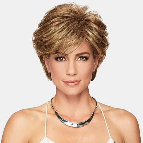 Creamily Perücke Kurze Damen Perücke Pixie Cut Perücke Kurzes Haar mit Bangs Natürliche Gestufte Kunsthaar Kurze Perücke für Damen Creamily Brown Women Perruques (D-Braun Gemischte Blond Hightlight)