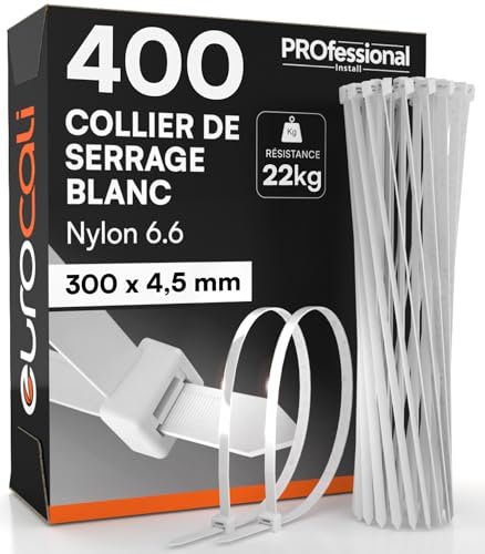 400 Serres Cables Blancs en Plastique 300mm - Colliers de Serrage Electicien Petits en Nylon 6,6 Autobloquants Force de Serrage 22Kg avec Dents Antidérapantes Résistants Feu Chaleur et Gel - 300x4,5mm