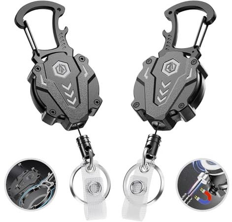 Autonomier 2Pack Heavy Duty Retractable Keychain, Tactical ID Badge Holder Reel Carabiner Clip with Magnetic Closure for Men, Unbreakable Sandwich Construction with 31 Dyneema Cord, Bearing 25oz