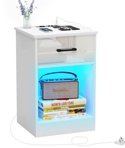 HaodaCulture Table de Nuit Blanche, Table de Chevet LED pour Adulte, 2 Prises CA, 2 Ports USB, Meuble de Nuit, Chevet de lit avec Tiroir et Compartiment Ouvert, pour Chambre, Salon, Blanc 40x35x60cm