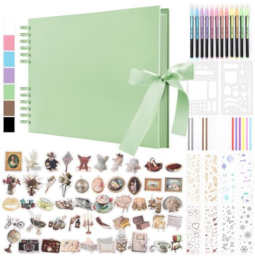 DazSpirit 80 Leere Seiten Fotoalbum zum Selbstgestalten, DIY Scrapbook Fotobuch zum Einkleben, mit 12 Marker & 7-Aufkleber, Gästebuch Ideal für Geburtstag Familie, Hochzeiten, Reisen, Grün
