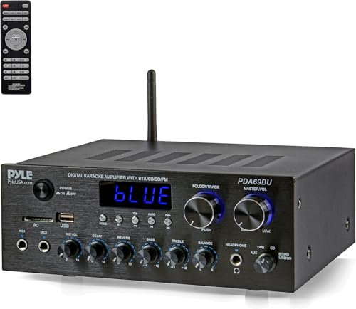 Pyle Hifi System, Bluetooth Home Audio Hifi Amplifier, Av Receiver Stereo Systems, 300W Dual Channel Sound Audio System with MP3, USB, SD, AUX, RCA, MIC, Headphone, FM, LED, Reverb Delay