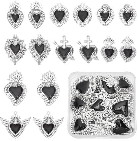 UNICRAFTALE 16 Stück 8 Stile Herz Anhänger Schwarzer Heiliger Herz Anhänger Schwarzes Herz Disteln Dornen Ausgefallener Emaille Anhänger Zur Schmuckherstellung Charms Valentinstag DIY Bastelzubehör