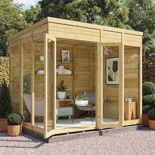BillyOh Switch 8x6 Pent Log Cabin Summer House, Pressure-Treated Wooden Garden Shed with Floor-to-Ceiling Windows, Double Doors & Pent Roof, 11mm Tongue & Groove Garden Room, Outdoor Office & Studio