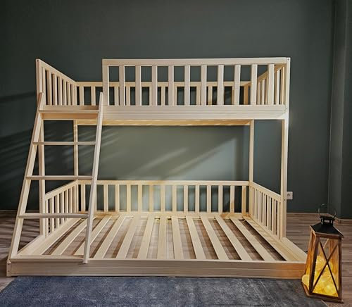 HomeForDreams Etagenbett aus Holz mit breiterem unteren Bett, Ideal für Kinder oder Geteilte Zimmer, Robuster Kiefernholzrahme (200x140cm/200x100cm)