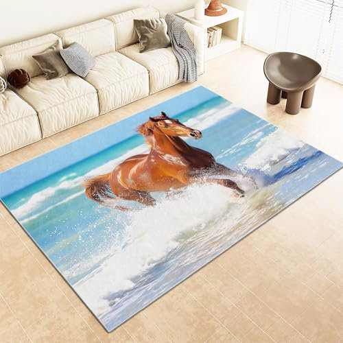 Srigzcaly Teppich rutschfeste für Wohnzimmer Esszimmer, Strand Tiere Pferd Dekor Teppich für Schlafzimmer Kinderzimmer - Blau Kurzflor Flanell Teppiche Pflegeleicht Waschbare 160x230cm