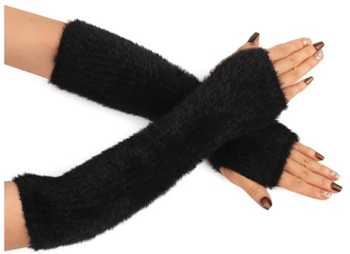 TIMIYUYU Winter Dicke Plüsch Fingerlose Armstulpen für Damen Schwarz Einheitsgröße Lang Handwärmer Stulpen Warm Plüsch Handschuhe Pluswärmer Handstulpen Armwärmer