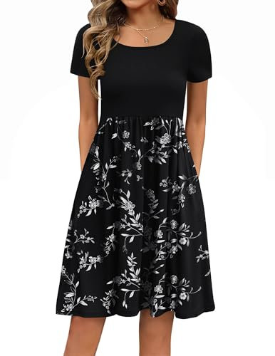 Zeagoo Women's Summer Dress Crew Neck Sundress Short Sleeve Casual Dresses Floral Knee Long with Pockets Solid Color A-Black L