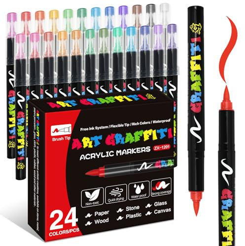 Alitastro Paint Pens Acrylic Markers - 24 Colors Brush Tip Water Based Marker Pens for Rock Painting, Wood, Ceramic, Glass, Acrylic Paint Markers for Christmas Easter Egg Pumpkin Making