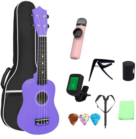 Ukulele Anfänger 21-Zoll-Ukulele-Sri-Lanka-Hawaiianisches Lila-Ukulele-Kleingitarrenset(Set)