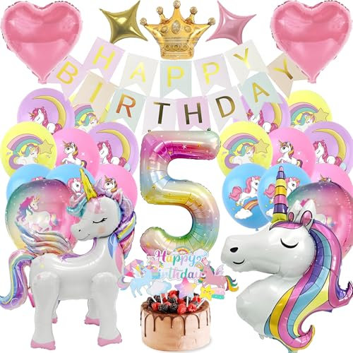 Set Einhor Deko Kindergeburtstag 5, Einhor Party Deko 4D Luftballons, Einhor Geburtstagsdeko 5 Jahre Mädchen, Bunt Banner und Tortendeko, Einhor Geschenke für Mädchen (Einhor Geburtstag 5 Jahre)