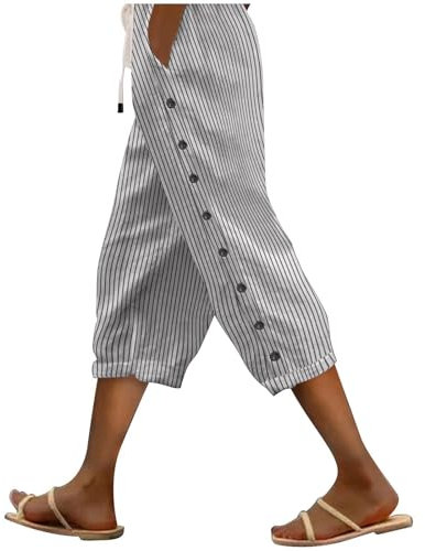 Three Quarter Length Trousers Women Capri Pants, Ladies Cropped Trousers Striped Printed 3/4 Shorts Summer Loose Lounge Pants Elasticated Waist Bottoms with Pockets and Side Button Design