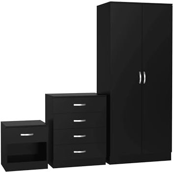 Nera Bedroom Furniture Set 3 Piece Set with Wardrobe Chest of Drawer Bedside Table Bedroom Storage (Matt Black)