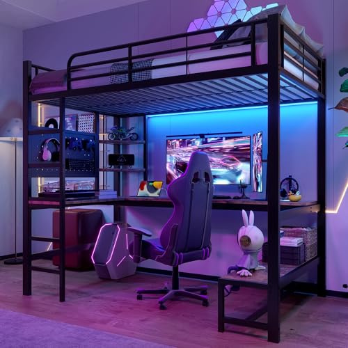 NovaFurnish Letto a soppalco, 90 x 200 cm, telaio in ferro, scrivania, ringhiera, scala a pioli, con presa USB + Type-c, con striscia LED, con bordo forato, senza materasso, nero