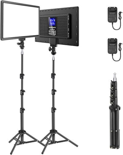 NEEWER Grunderna 13 tum LED-videoljuspanel, 2-pack studioljusset med stativstativ, bi färg fotonyckel ljus för streaming fotografi podcast-inspelning, 2 400 Lux 3 200–5 600 K CRI97 8 000 mAh, NL-192B