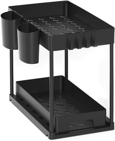 Under Sink Storage, 2 Tier Plastic Sliding Under Sink Organiser, Height Adjustable Kitchen Storage & Organisation, Pull out Cabinet Organizer, Bottom Slide Out Basket for Kitchen Bathroom (Black)