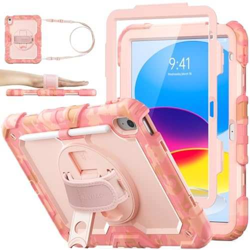 SEYMAC stock Coque pour iPad (A16) 11ème/10ème Génération 11/10,9 Pouces 2025/2022, Coque Antichoc avec Protecteur D'écran, Support Rotatif à 360°/Dragonne, Porte-Crayon et Bandoulière, Camo+Rose