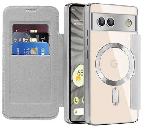 SIYOPINPFY Wallet Case for Google Pixel 7A with Card Holder, Grey JD | Compatible with MagSafe , Premium Flip PU Leather and Clear Back Shockproof , N52 Magnetic Ring , RFID Blocking , Card Slots