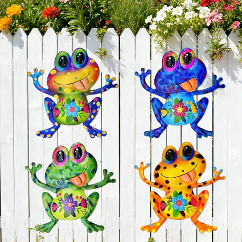 KERANEET Wanddekoration aus Metall 4 Stück Froschs Gartendeko 20 cm Deko Frosch Zaundekorationen für Terrasse und Hof Tiere Ornament Gartenfigur Für Außen