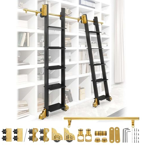 Schwerlast-Leiter-Beschlagsatz – Rollbare Bibliotheks-Schiene, 1–7 m, Metallrollensystem, ohne Leiter | Bodenrollen mit Bremse(Telescopic,366cm Gleisbausatz)