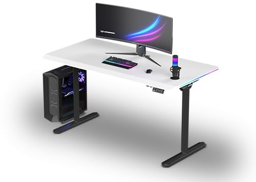 Ultradesk – Bureau Gaming Électrique avec Réglage Assis-Debout, LED RGB Prismatic, Meuble Bureau Idéal pour Gamer, Setup Gaming - Quest Black - L 140 cm, P 70 cm, H 72-120 cm - Blanc